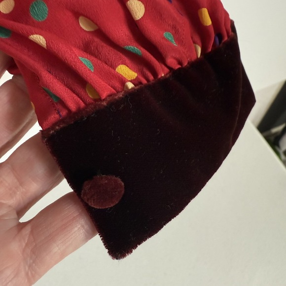 VTG Jean Halm Women's 14 Red Polka Dot 100% Silk Blouse Neck Tie Velvet Accents - Picture 6 of 16